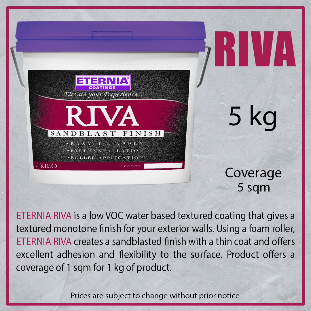 ETERNIA RIVA is a low VOC water based textured coating that gives a textured monotone finish for your exterior walls. Using a foam roller, ETERNIA RIVA creates a sandblasted finish with a thin coat and offers excellent adhesion and flexibility to the surface.